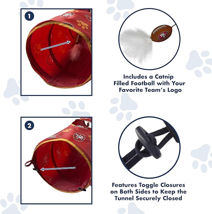 NFL San Francisco 49ers Cat Tunnel Tube Toy with Plush Football Catnip and Feathers Collapsible Tunnel for Cats to Play, Peek and Hide, Sporty & Fun Cat Tunnel Toy with Team Logo All-Over Design!