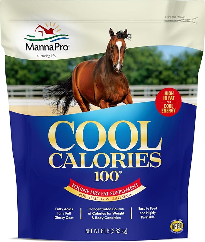 Manna Pro Cool Calories 100 – Equine Fat Supplement for Horses, Supports Healthy Weight Gain, Muscle Maintenance & Shiny Coat, Concentrated Dry Fat Calorie Booster, Low-Starch Formula, 8 lb Bag