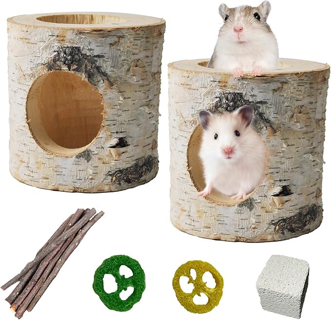 Wooden Hamster Tunnels,Natural Birch Wood Hamster Tree Hole Tube Hamster Chew Toy Small Animal Hollow Tree Trunk Tube Hideout Climbing Toy Cage Accessories for Guinea Pig Chinchilla Gerbil Rat