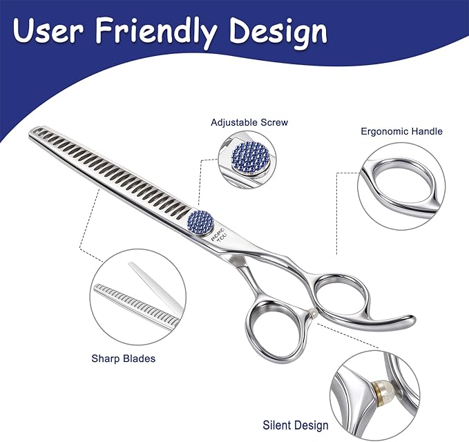 7.5'' Dog Grooming Scissors CNC 440C Blades Sharp and Durable Polished Chunker Dog Shears with Blue Diamond Adustable Screws Easy to Use for Groomer and Home User