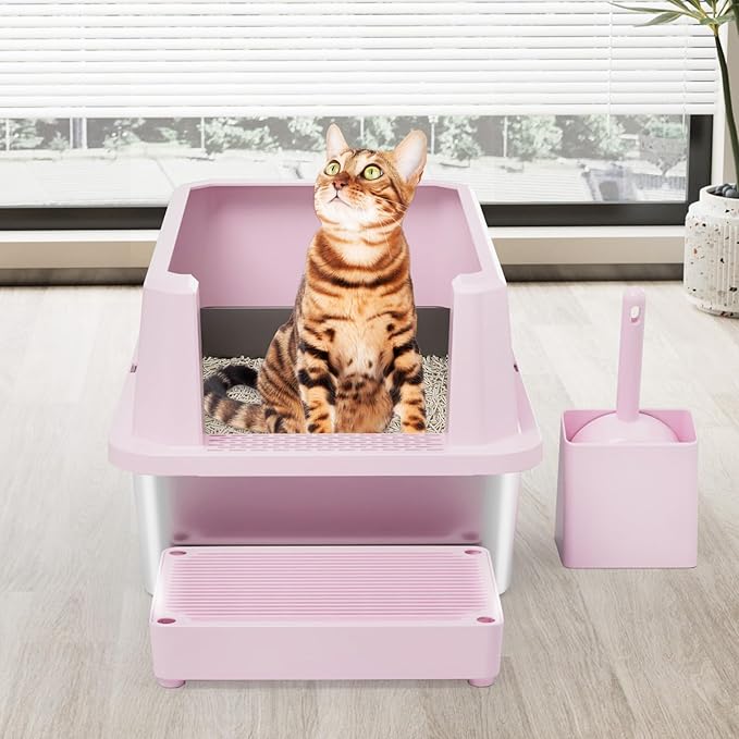 RIZZARI Stainless Steel Cat Litter Box, Semi-Closed Litter Box with High Edges, Large Odorless Litter Pan with for Small to Large Cats (Pink, 1 Pack)