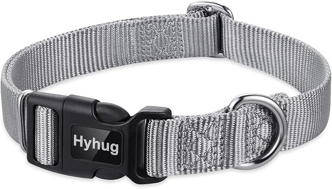 Hyhug Pets Solid Color Classic Regular Tough Basic Collar for Medium Dogs, Unique Design Adjustment Triglide Slide (Buckle) Can Attached Name Tag Accessories. (Medium, Sleet Gray)