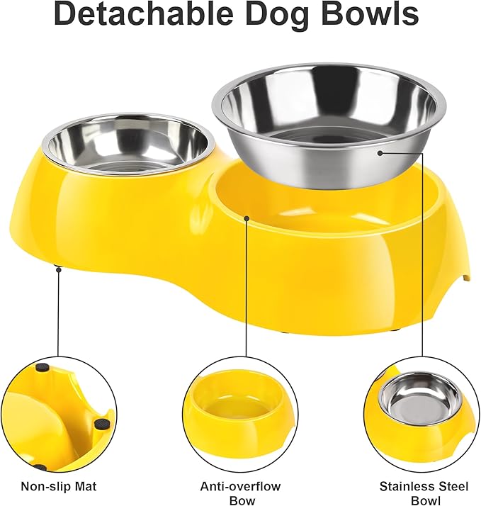Elevated Dog Bowls Set - Non-Slip Raised Pet Feeder with Medium (2 Cups) & Large (4 Cups) Stainless Steel Bowls - Includes Durable Resin Stand for Puppies, Adult Dogs & Cats - Yellow