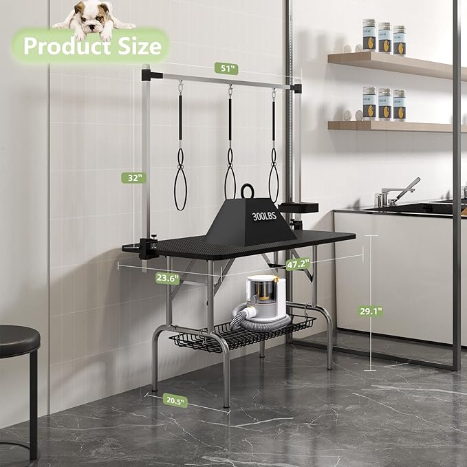 VFK 47'' Large Dog Grooming Table Stainless Steel Foldable Grooming Table for Dogs at Home Adjustable Height Arms Pet Station with Nooses, Mesh Tray, Tool Organizer
