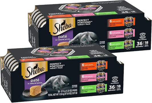 Sheba Perfect Portions Wet Cat Food Pate Savory Chicken, with Sustainable Salmon, and Roasted Turkey Entree Variety Pack, 2.6 oz. Twin-Pack Trays (18 Count, 36 Servings) (Pack of 2)
