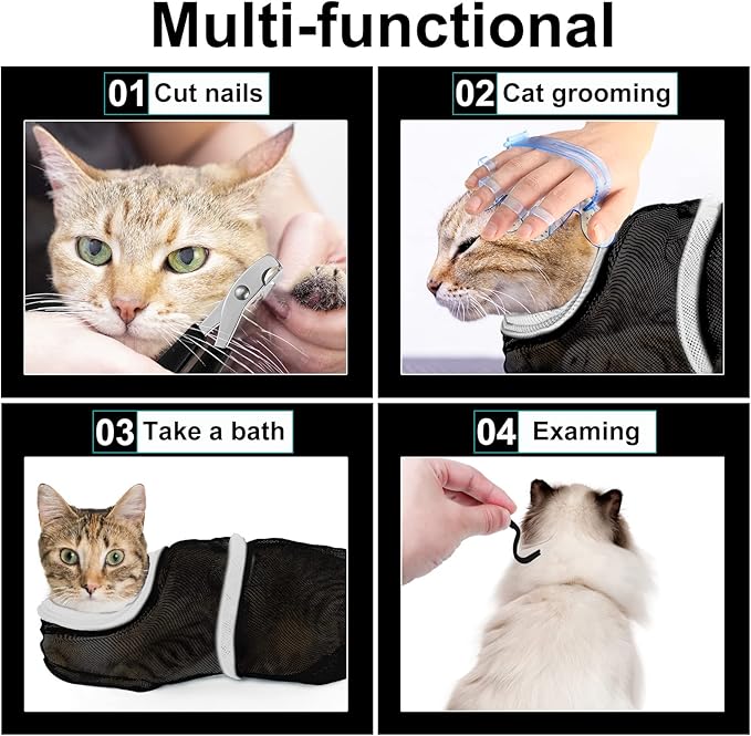 Patelai 5 Pcs Cat Bathing Bag Set Cat Grooming Bag Adjustable Pet Shower Net Muzzles Nail Clipper Tick Remover Tool Massage Brush(Black White)