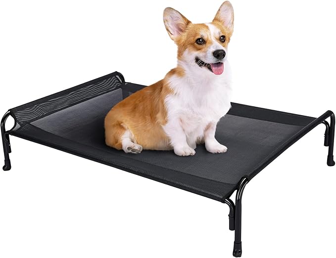 Veehoo Outdoor Elevated Dog Bed, Raised Dog Cot for Small Medium Dogs, Cooling Washable Waterproof Pet Hammock Beds with Slope Headrest, Breathable Mesh and Sturdy Frame, M, Black, CWC2204