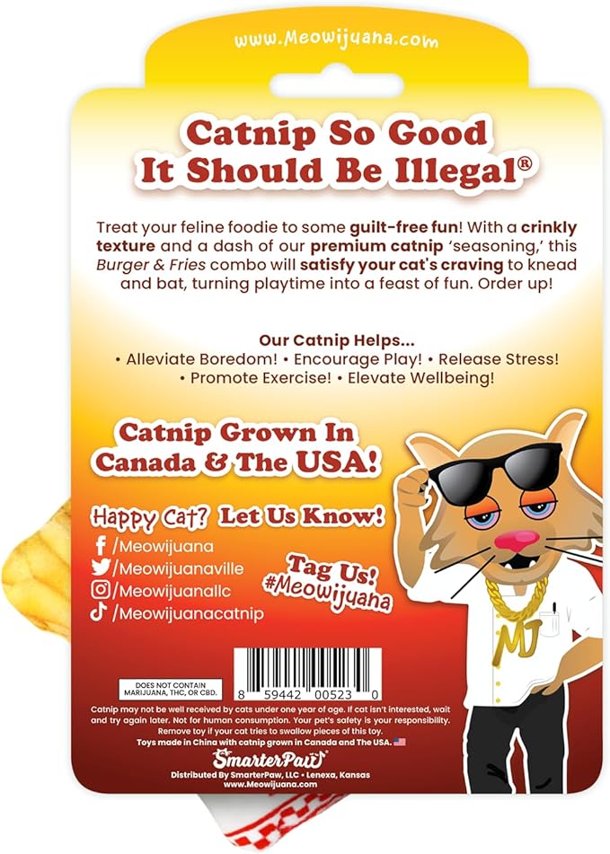 Meowijuana Refillable Cat Toys | Get Hungry - Burger and Fries Catnip Toys | Includes Potent Hand Harvested Catnip Grown in North America | Promotes Play and Cat Health
