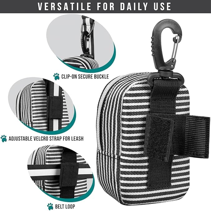 PetAmi Dog Poop Bag Holder for Leash, Dog Pet Waste Bag Dispenser For Poop With Clip, Doggy Puppy Walking Accessories Travel Camping, Dog Treat Pouch Supplies Must Have With Dog Bag Roll, Stripe Black