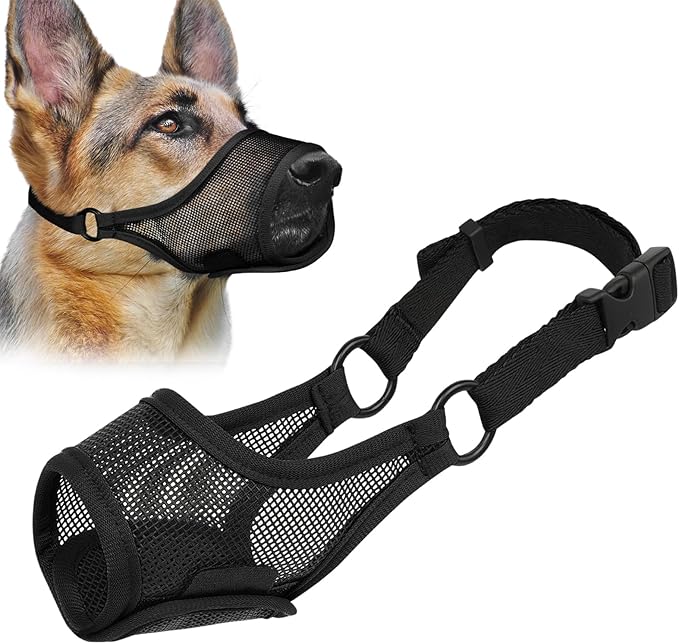 LUCKYPAW Dog Muzzle, Mesh Muzzle for Large Medium Small Dogs, Soft Mouth Guard for Biting Chewing, Breathable Mouth Guard with Adjustable Strap for Training(Black, L(Snout:9.75"-11"))