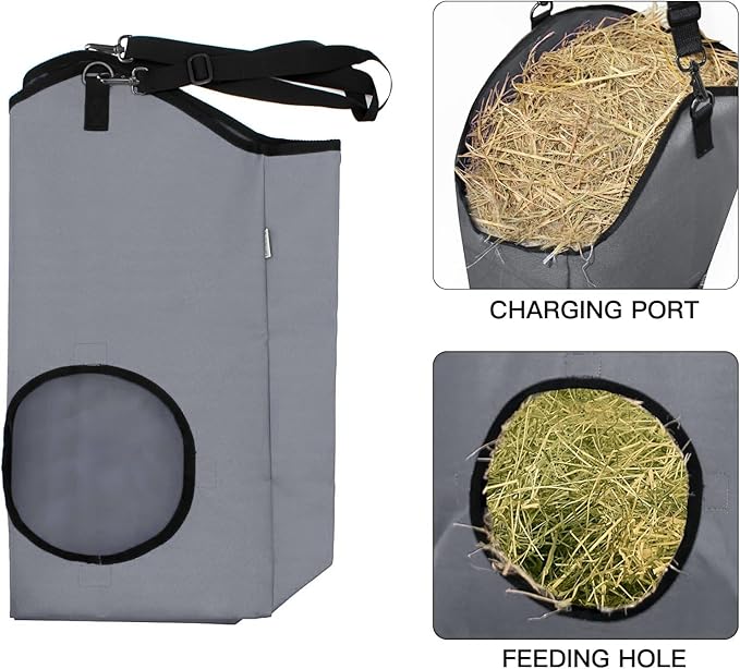 3 Packs Goat Hay Feeder,Hay Bags for Goats,Horses,Sheep,Premium 600D Oxford Cloth,with Metal Fastener and Adjustable Open Feed Hole for Slow Feeding. (1 Black+2Grey)