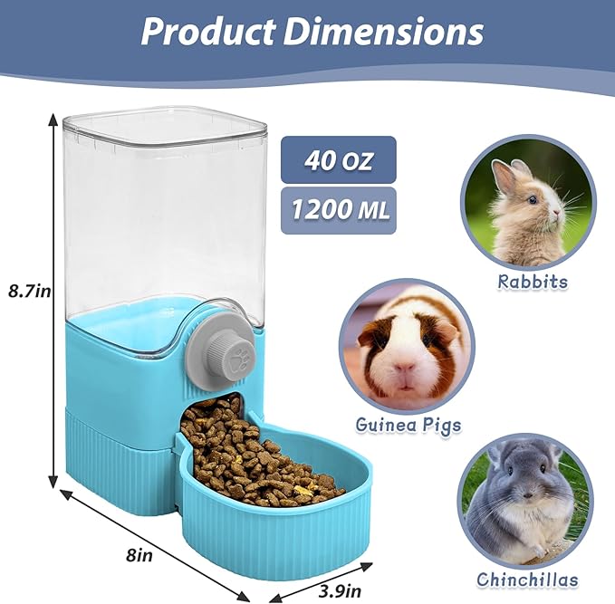 Fhiny Rabbit Food Dispenser, 40oz Large Capacity Hanging Gravity Bunny Feeder for Cage Automatic Guinea Pig Feeding Bowls Pet Food Storage for Guinea Pig Bunny Ferret Chinchilla Cat Puppy