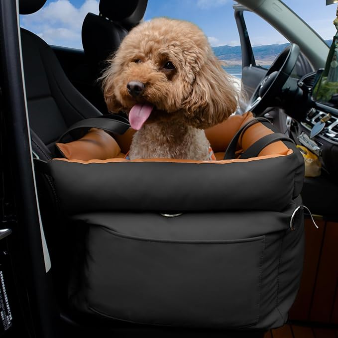 Dog Car Seat for Small Dogs, Large Leather Dog Car Bed with Storage Pocket, Waterproof PVC Leather Booster Seat Travel Bed for Front & Back Seat, Clip-On Safety Leash (Black/Brown)