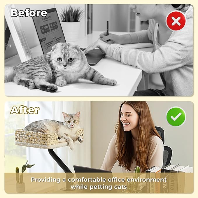 PAWZ Road Cat Desk Bed for Indoor Cats, Wicker Cat Bed for Desk Supports Up to 50 lbs, 360° Rotation & Adjustable Soft Plush Cats Hammock for Desktop, White