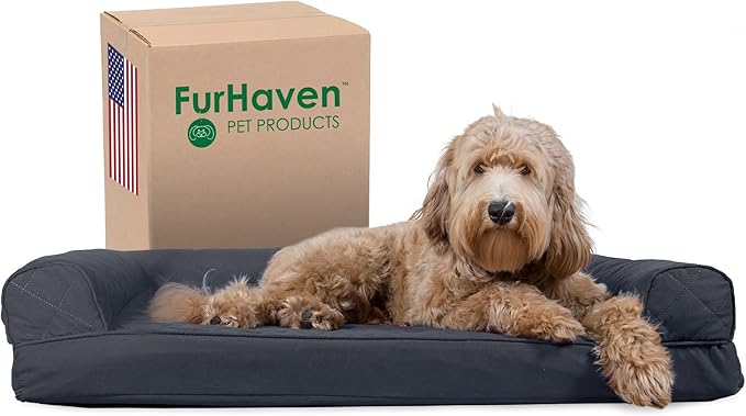 Furhaven Cooling Gel Dog Bed for Large/Medium Dogs w/ Removable Bolsters & Washable Cover, For Dogs Up to 55 lbs - Quilted Sofa - Iron Gray, Large
