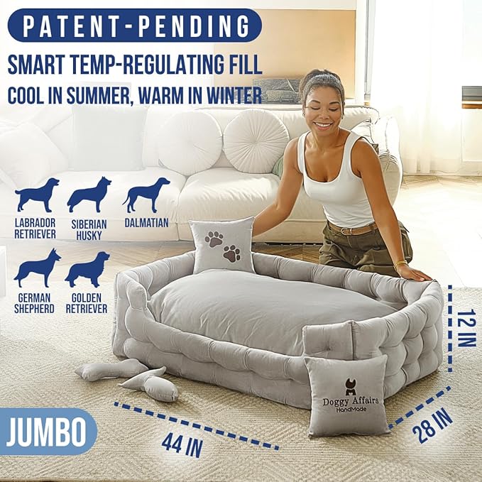 Luxury Dog Bed Chesterfield – Handcrafted Velvet Throne for Dogs | Joint Support, Calming & Temp-Regulating Comfort | Durable 5+ Years, Anti-Claw, Washable 100+ Times – XL, Grey