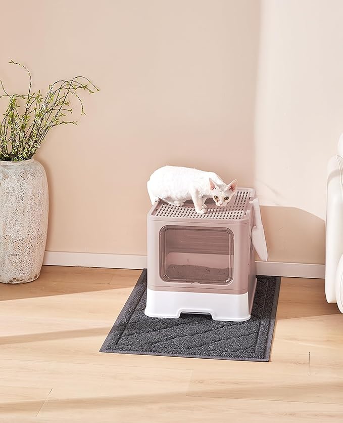Cat Litter Box with X-Large Litter Mat and Scoop, Large Foldable Litter Box with Lid, Enclosed Kitty Box,Front Top Entry Exit, Odor Control Easy to Clean (Upgrade Coffee)