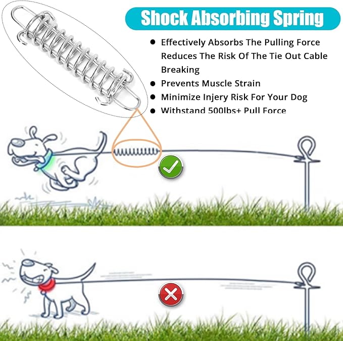 jenico Dog Tie Out Cable, 10/15/20/30/40/50/70/100/150FT Dog Runner Cable with Swivel Hook and Shock Spring, Dog Leash Run Tether for Yard Outdoor and Camping,for Small to Medium Pets Up to 500 LBS