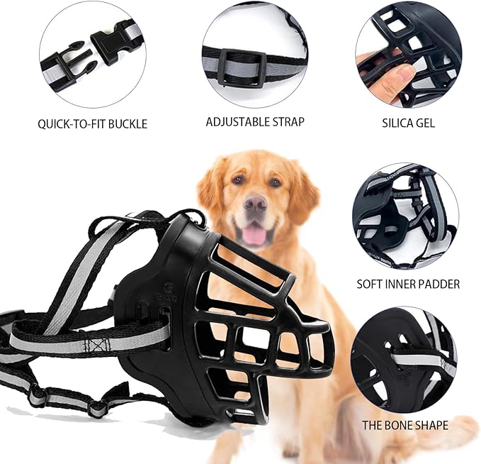 Dog Muzzle, Breathable Basket Muzzles for Small Medium Large Sized Dogs, Adjustable Humane Cage Mouth Cover for Scavenging Grooming Biting Chewing, Allows Panting and Drinking(Soft Rubber, XL)