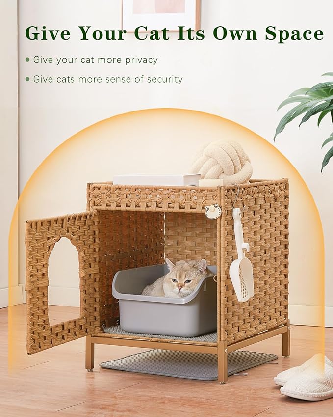 Cat Litter Box Enclosure Hidden Litter Box Furniture with Metal Heightened Feet, Rattan Handwoven Cat House with Litter Mat, Hidden Litter Box Furniture for Bedroom Living Room Natural