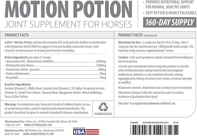 Jeffers Motion Potion Pellets Joint Supplement for Horses, 10 lb- Glucosamine, MSM, Chondroitin, Hyaluronic Acid, & Vitamins. Daily Supplement for Safe, Easy to Feed, Fast Acting for Equine