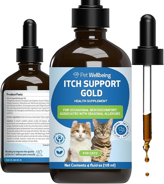 Pet Wellbeing Itch Support Gold for Cats - Occasional Itching, Scratching, and Hot Spots, Environmental and Seasonal Allergies, Dong Quai - Veterinarian-Formulated Herbal Supplement 4 oz (118 ml)