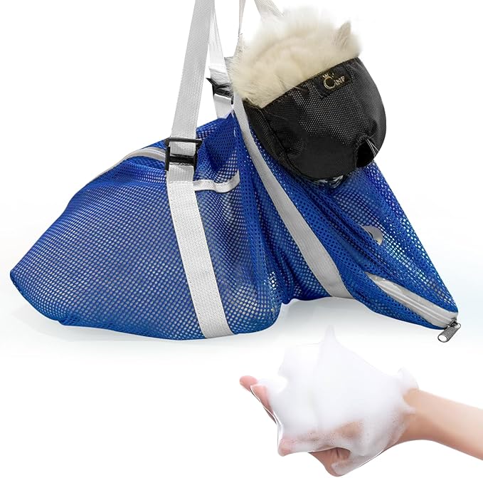 Cinf Cat Bathing Bag(Free Muzzle) Breathable Mesh Anti Scratch Adjustable Cat Grooming Bag for Nail Trimming, Bathing Soft Cat Washing Bag(Blue) M