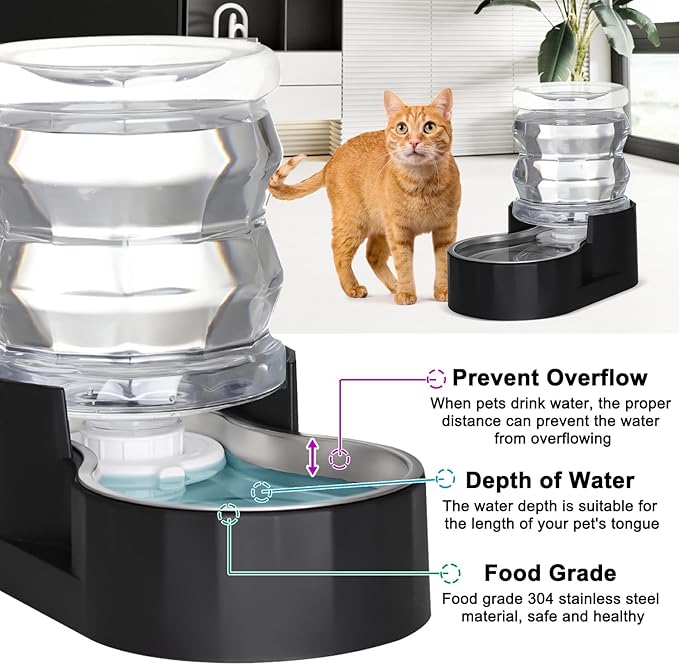 Sfozstra Automatic Gravity Dispenser for Cats: 4L Black Stainless Steel Water Bowl Feeder - Great for Family Homes and Outdoor Activities