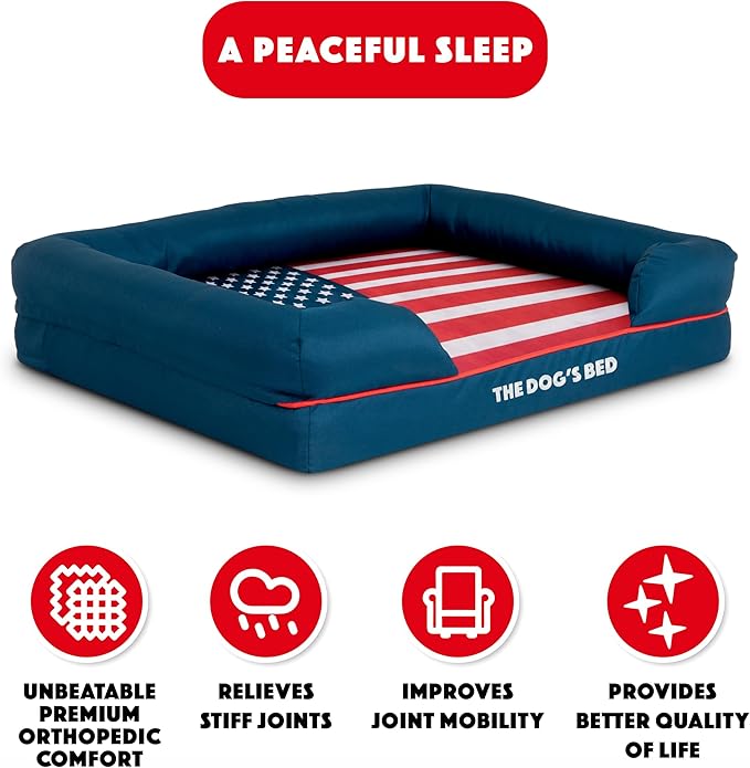 The Dog’s Bed, Medium Blue Oxford with Red Trim USA Flag Dog Bed with Central Flag 30x23.5, Memory Foam, Pain Relief, Post Surgery, Waterproof Washable Cover Cover, Veterinary Approved