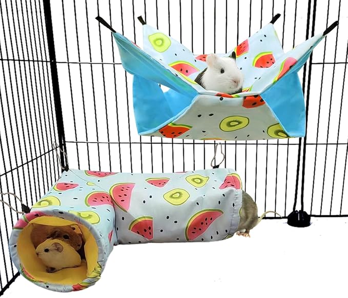 Large Caliber Guinea Pig & Rat Tunnel Hideout & Hammock, Corner Hideout Toy for Guinea Pig, Ferret, Hedgehog & Piggy to Hide and Shuttle (3. Hammock&Tunnel-Watermelon)