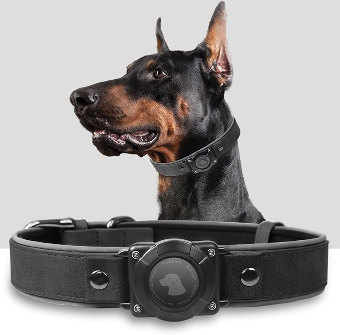AirTag Dog Collar - Leather Dog Collar with Air Tag Holder | IPX8 Waterproof, Reflective, High - End, Adjustable Soft Padded | Dog GPS Tracker Collars Fit for Medium Large Dogs (Black, L)