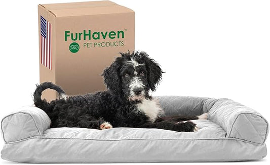 Furhaven Pillow Dog Bed for Large/Medium Dogs w/ Removable Bolsters & Washable Cover - Quilted Sofa - Silver Gray, Large