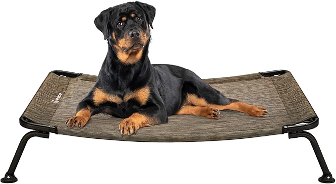 Veehoo Outdoor Elevated Dog Bed, Cooling Raised Dog Cot Bed XL, Portable Waterproof Curved Dogs Hammock Beds for Outside, up to 150lbs, Black Legs, Brown 49"