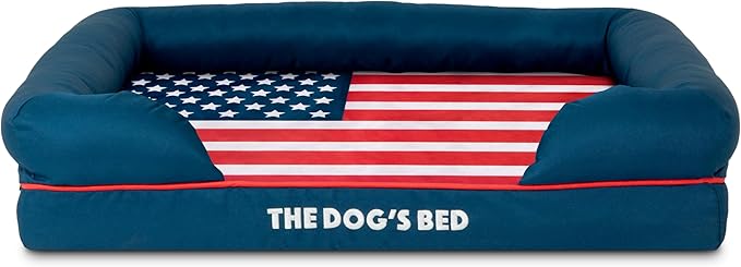 The Dog’s Bed, Medium Blue Oxford with Red Trim USA Flag Dog Bed with Central Flag 30x23.5, Memory Foam, Pain Relief, Post Surgery, Waterproof Washable Cover Cover, Veterinary Approved
