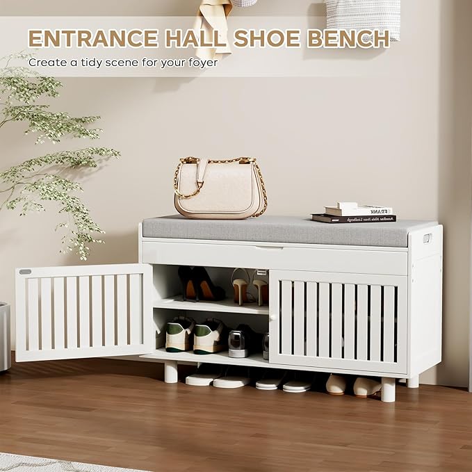 Storage Bench, Bamboo Shoe Bench with Padded Seat Cushion & 2 Doors, 2-Tier Entryway Bench with Lift Top Hidden Storage, 35.4" W x 12.6" D x 19.7" H, Shoe Rack Cabinet for Entryway, Living Room, White