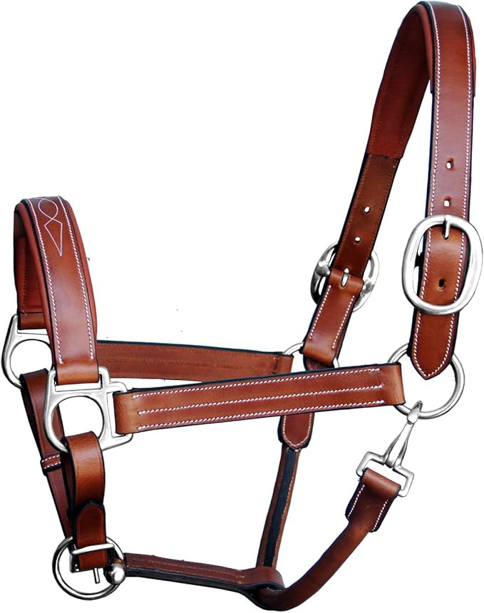 Exion Leather Horse Halter with Fancy Stitching | Black & Brown Padded Halter with Silver Brass Hardware | Quick-Release Snap | Adjustable Leather Halter – Cob, Full, Over, Pony Sizes