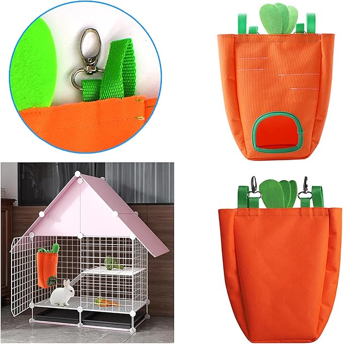 GKYZBB Rabbit Hay Feeder Bag for Cage Guinea Pig Timothy Hay Dispenser Storage Manger Hanging Large Less Waste for Bunny（Carrot）
