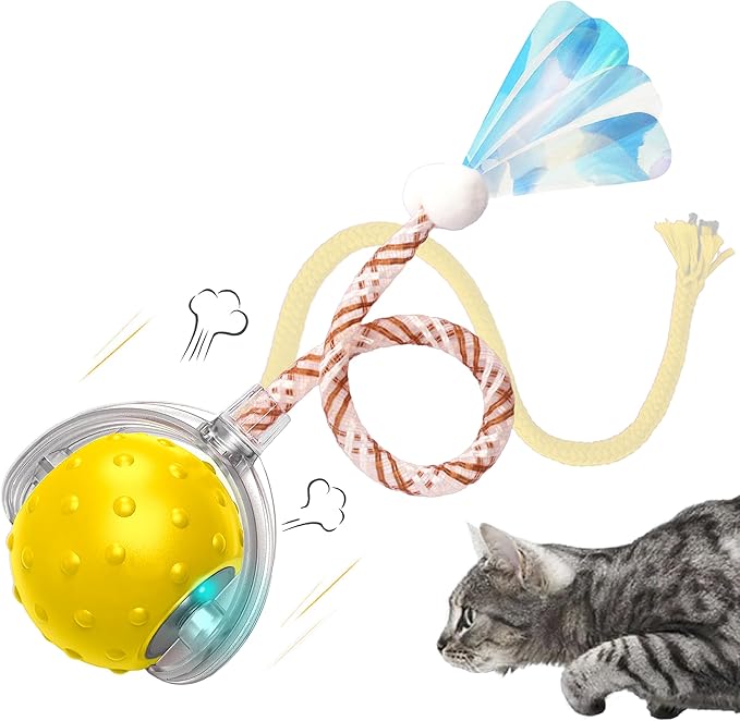 Interactive Cat Toy – Motion Activated Rolling Ball with LED Lights & 3 Play Modes & Two Different Tails - Best Toy for Indoor Cats & Kittens to Stay Active and Stimulate Hunting Instinct (Yellow)