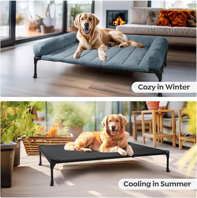 Veehoo Cooling Elevated Dog Bed with Fluffy Plush Bolster Cushion, Indoor Raised Dog Beds for Large Dogs, Soft Pet Sofa Cot with Removable Washable Mat, No-Slip Feet, 42 x 30 inches, Haze Blue