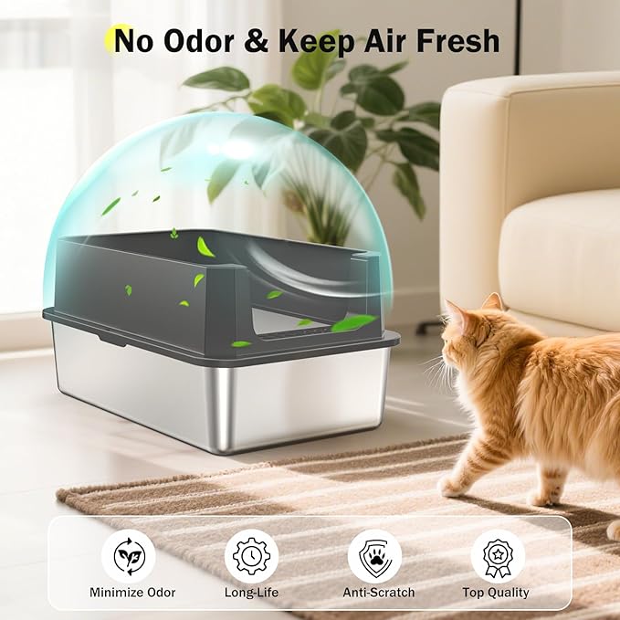 Stainless Steel Litter Box, Extra Large Litter Boxes for Big Cats, XLarge Metal Cat Litter Box with Lid, Anti-Urine Leakage XL Box with High Sides, Easy Clean, Non-Sticky, Scoop Included