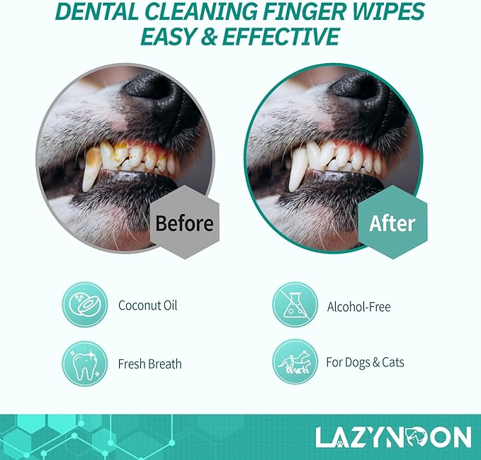 LAZYNOON Dog Teeth Cleaning Wipes - Dog Dental Wipes, Pet Dental Finger Wipes for Dogs & Cats Teeth with Brushing Beads, Removes Plaque and Tartar Buildup, Freshens Breath, 60 Count