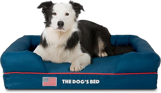 The Dog’s Bed, Large Blue Oxford with Red Trim USA Flag Dog Bed 36x27 Memory Foam, Pain Relief: Arthritis, Post Surgery, Lameness, Supportive, Calming, Waterproof Washable Cover, Veterinary Approved