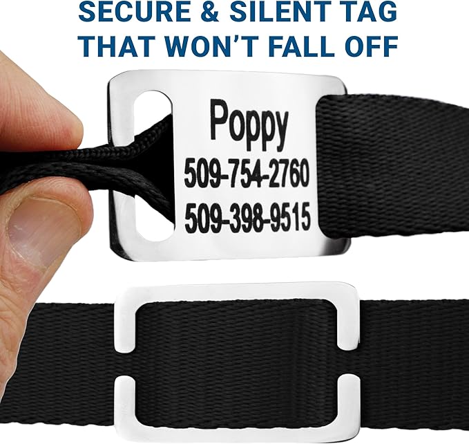 GoTags Reflective Personalized Dog Collar with Nameplate, Adjustable Dog Collar with Custom Engraved Steel Slide On Pet ID Tag, Silent, No Noise Dog Tag for Large Medium or Small (Charcoal, Small)