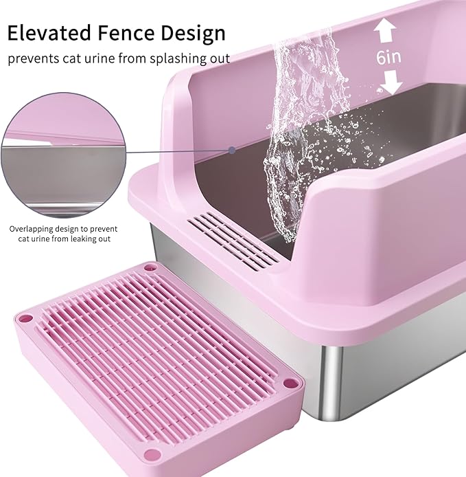 RIZZARI Large Stainless Steel Cat Litter Box: Open Top Leak-Proof Large Cat Pan - Odor Control for Indoor Multi-Cat Homes (Light Pink, 23.8" L*16" W*12" H)