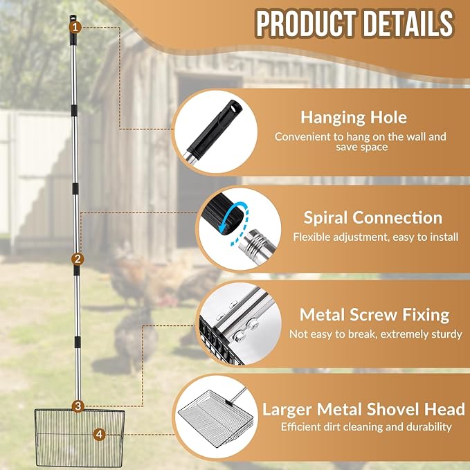 SlowTon 15-inch Large Chicken Poop Scooper - 5 in 1 Multifunctional Chicken Litter Scoop with 40 to 77in Stainless Steel Handle, Heavy Duty Chicken Coop Cleaning Tool Litter Sifting Shovel