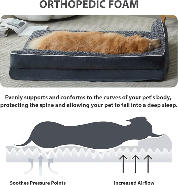 BFPETHOME Extra Large Orthopedic Dog Bed, L-Shaped Pet Bed for Dogs up to 100 lbs, Waterproof, Removable Washable Cover, Non-Slip Base, 48 x 35 x 7.5 inches, Dark Grey