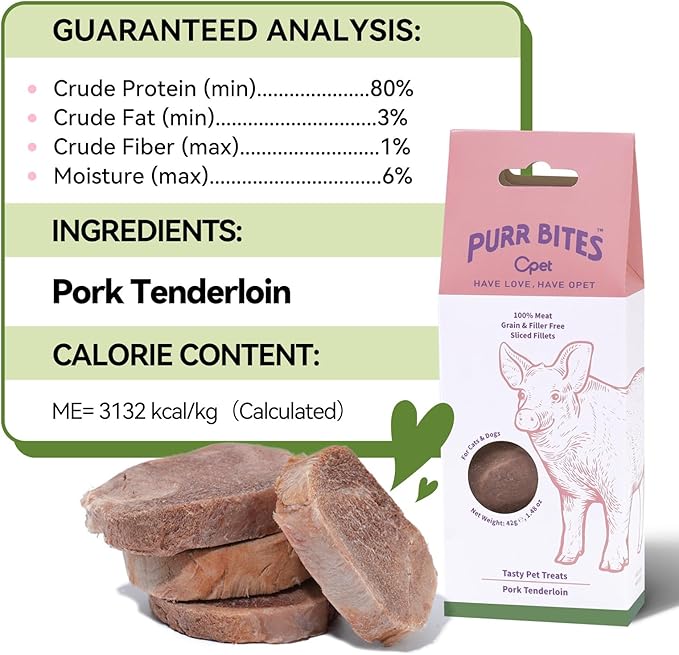 OPET Freeze Dried Cat Treats, Single Ingredient Grain Free High Protein Pet Food for Cats and Dogs, Healthy Training Snacks，Freeze Dried Pork Sliced Fillets (Pork, 1.48 Ounce)