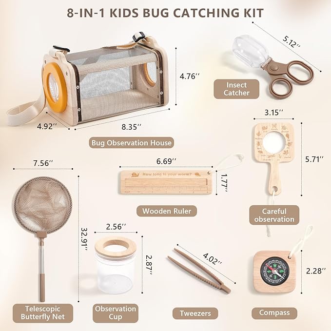 Wooden Bug Catcher for Kids, 8-in-1 Insect Exploration Set with Butterfly Net, Magnifying Glass, Bug Habitat, Tweezers, Compass,Outside Toys for Toddlers