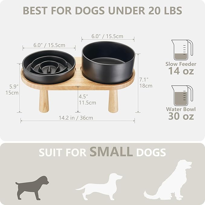 Ceramic Slow Feeder and Water Bowl Set for Small Dogs, Ceramic Dog Bowls Elevated with Wooden Stand, 0.6 Cups Dog Slow Feeder(14oz) and 30oz Water Bowl Set, Black