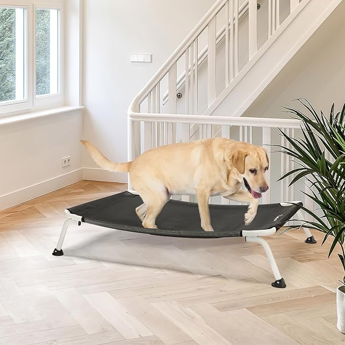 Veehoo Elevated Dog Bed for Outdoor, Cooling Waterproof Raised Dog Cots Beds for Large Dogs, Curved Off Ground Pet Hammock Cot Lifted for Outside, up to 85lbs, White Legs, Black 42"